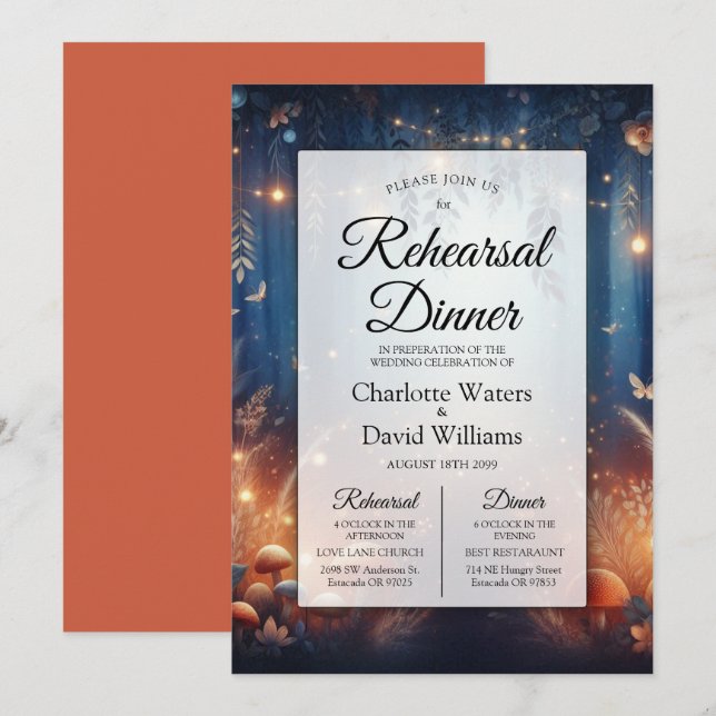 Fairy Lights in a Moonlit Forest Rehearsal Dinner Invitation (Front/Back)