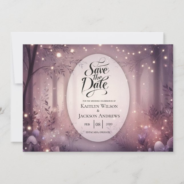 Fairy Lights in Woodland Glow Wedding Save The Date (Front)