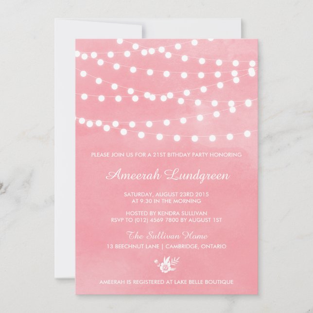 Fairy Lights rose Anniversaire Invitation de fête (Devant)