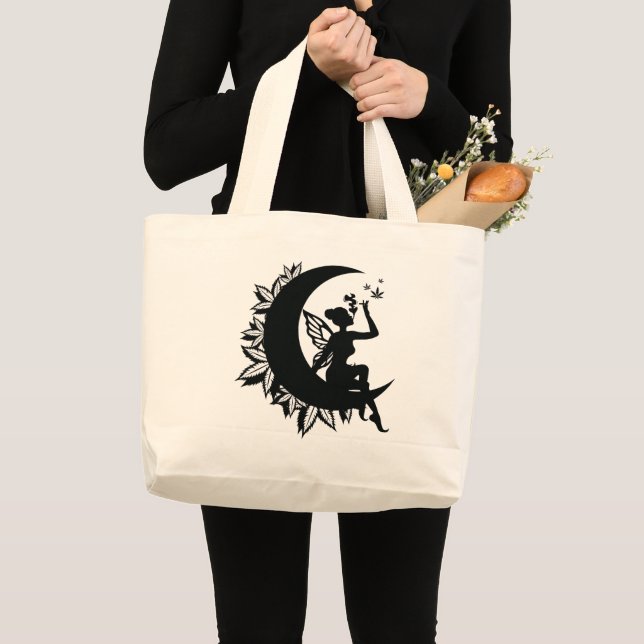 Fairy Moon and Leaf Smoking Large Tote Bag (Front (Product))