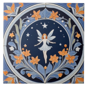 Fairy Night Flower Garden Blue & Orange Floral Tile