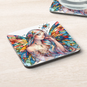 Fairy of Light Stained Glass-Inspired Fantasy Art Coaster