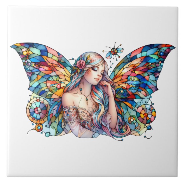Fairy of Light Stained Glass-Inspired Fantasy Art Tile (Front)