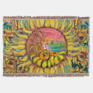 FAIRY OF SUNFLOWERS PLAYING LYRA Fantasy Floral Throw Blanket