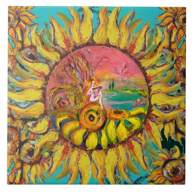 FAIRY OF SUNFLOWERS PLAYING LYRA Fantasy Floral Tile (Front)