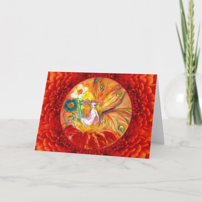 FAIRY OF THE FLOWERS Red Yellow Fantasy Holiday Card (Front)