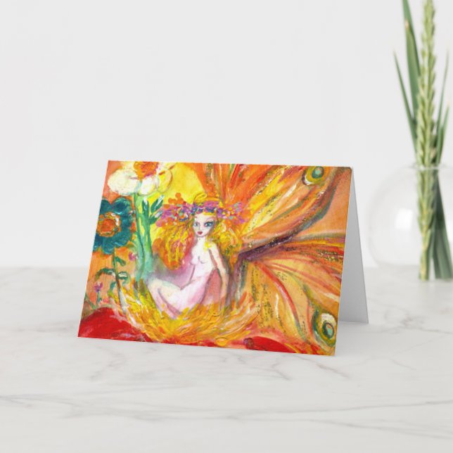 FAIRY OF THE FLOWERS Red Yellow Fantasy Holiday Card (Front)