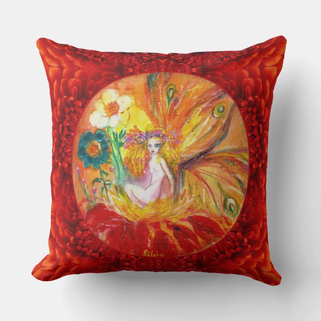 FAIRY OF THE FLOWERS ,Red Yellow White Fantasy Throw Pillow (Front)