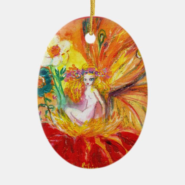 FAIRY OF THE FLOWERS Vibrant Red Ruby Ceramic Ornament (Front)