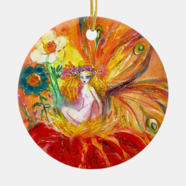 FAIRY OF THE FLOWERS Vibrant Red Ruby Ceramic Ornament (Front)