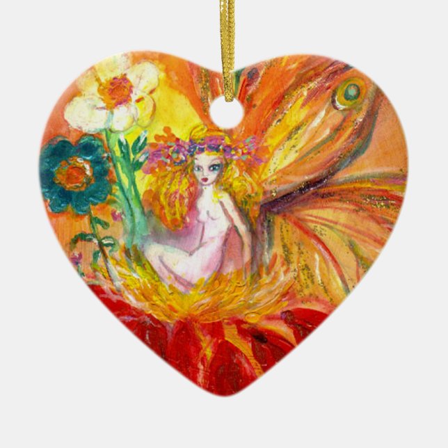 FAIRY OF THE FLOWERS Vibrant Red Ruby Heart Ceramic Ornament (Front)