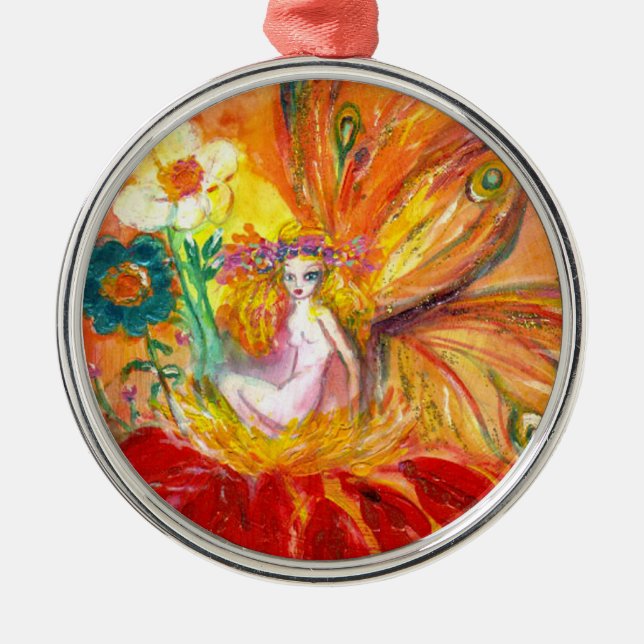 FAIRY OF THE FLOWERS Vibrant Red Ruby Metal Ornament (Front)