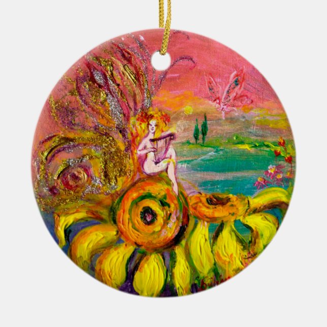 FAIRY OF THE SUNFLOWERS  VIBRANT GREEN EMERALD CERAMIC ORNAMENT (Front)