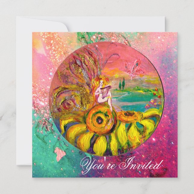 FAIRY OF THE SUNFLOWERS yellow green pink sparkle Invitation (Front)