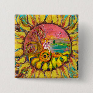 FAIRY OF THE SUNFLOWERS yellow pink black 2 Inch Square Button