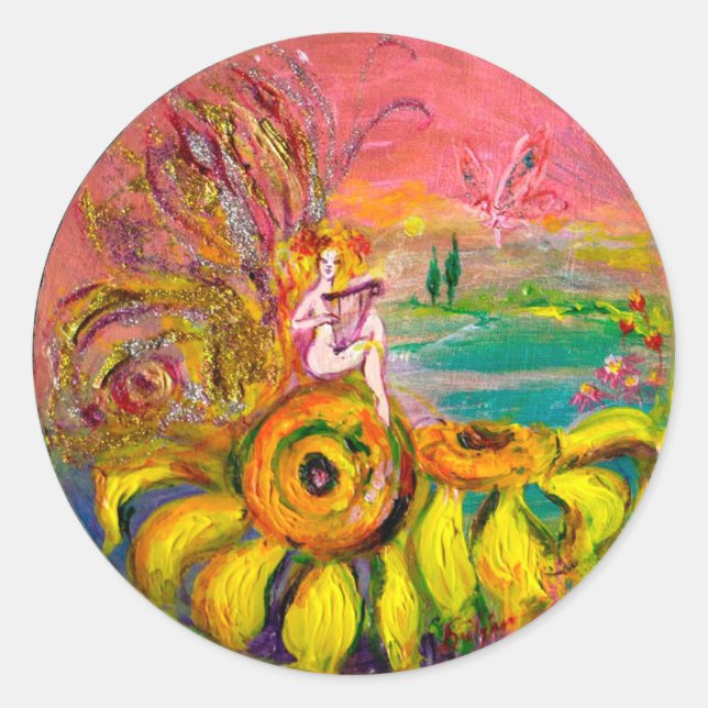 FAIRY OF THE SUNFLOWERS yellow pink black Classic Round Sticker (Front)