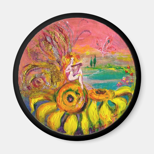 FAIRY OF THE SUNFLOWERS yellow pink black Magnet (Front)