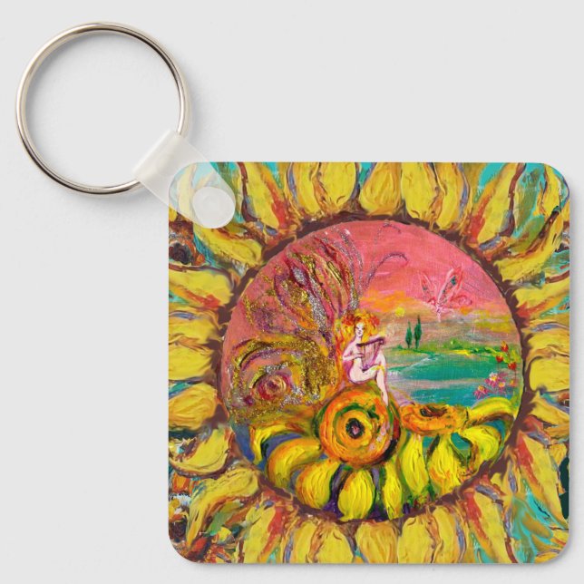FAIRY OF THE SUNFLOWERS Yellow Pink Blue Fantasy Keychain (Front)