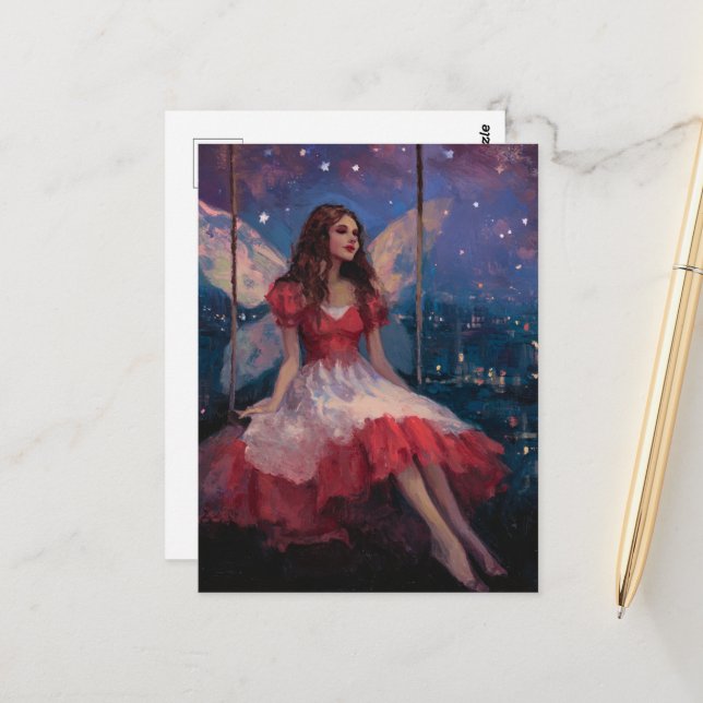 Fairy on a swing at night postcard (Front/Back In Situ)