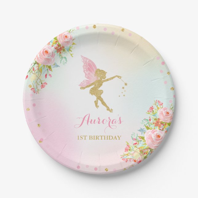 Fairy Pink And Gold Paper Plate 7" Paper Plates (Front)