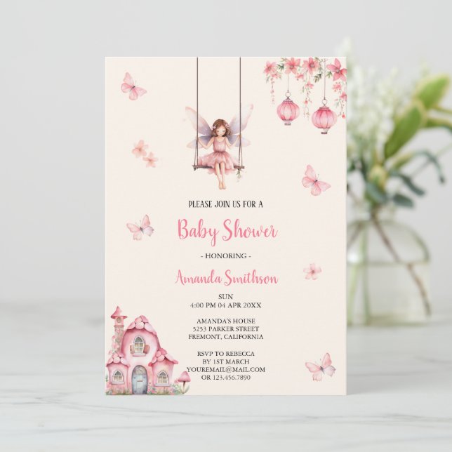 fairy pink babyshower invitation (Standing Front)