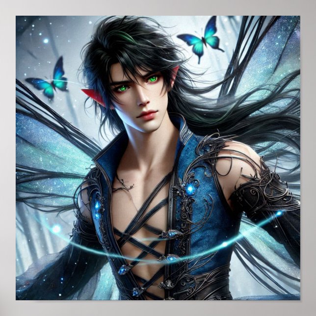 Fairy Prince with Emerald Eyes & Shimmering Wings Poster (Front)
