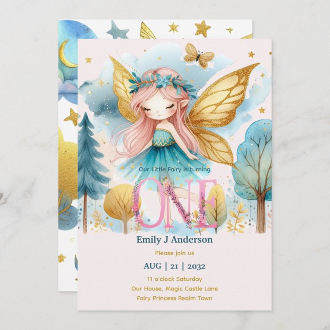 Fairy Princess 1st Birthday ONE Pink Fairycore Invitation (Front/Back)
