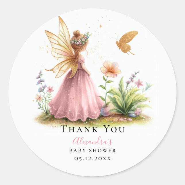 Fairy Princess Enchanted Pink Baby Girl Shower Classic Round Sticker (Front)