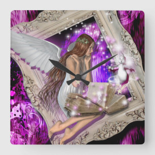 Fairy princess girls girly square wall clock