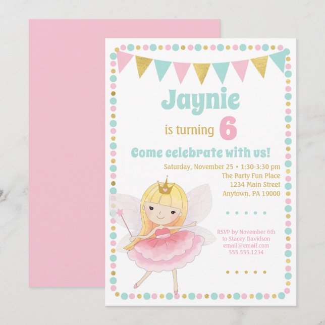 Fairy Princess Invitation Blonde fête d'anniversai (Devant / Derrière)