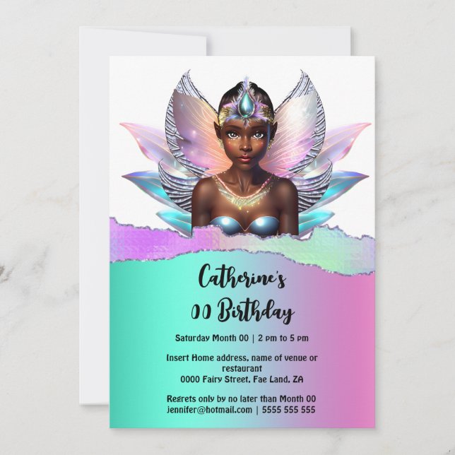Fairy princess melanin | iridescent magical wings invitation (Front)