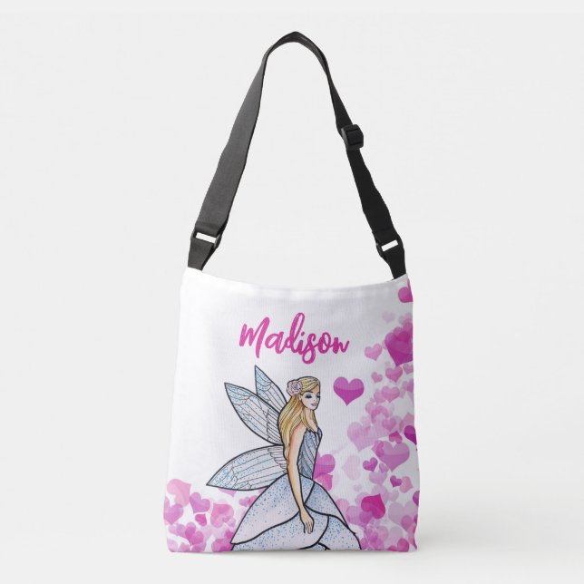 Fairy Princess Pink Hearts Fashion Illustration Crossbody Bag (Front)