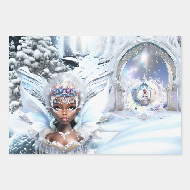 Fairy princesses melanin enchanted forest snow  wrapping paper sheet (Front)