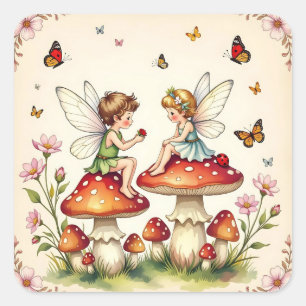 Fairy Proposing on Mushrooms Vintage Square Sticker