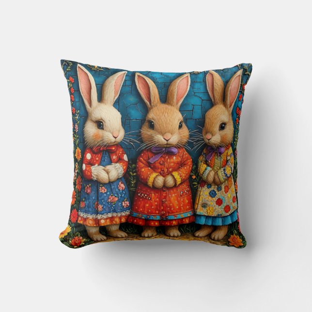 🐰✨ Fairy Rabbit Trio Magical Decor Gift 🌸 Throw Pillow (Front)