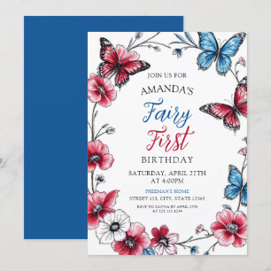 Fairy Red & Blue Butterfly Floral First Birthday Invitation
