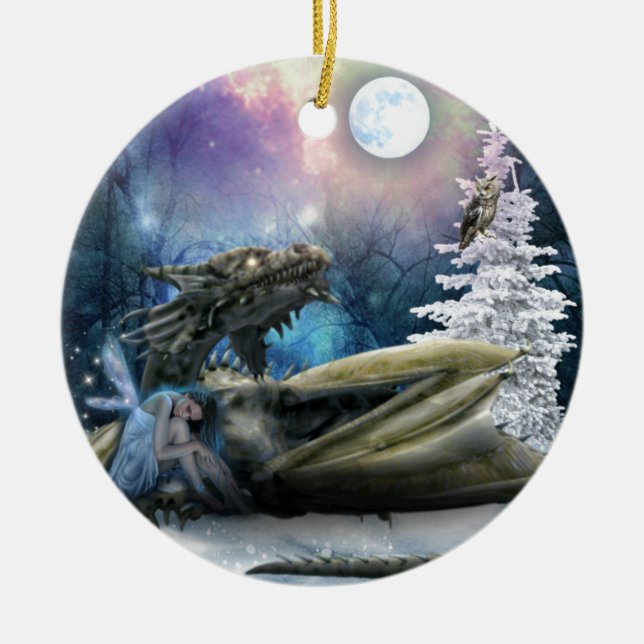 Fairy  Safe With Dragon Ceramic Ornament (Front)