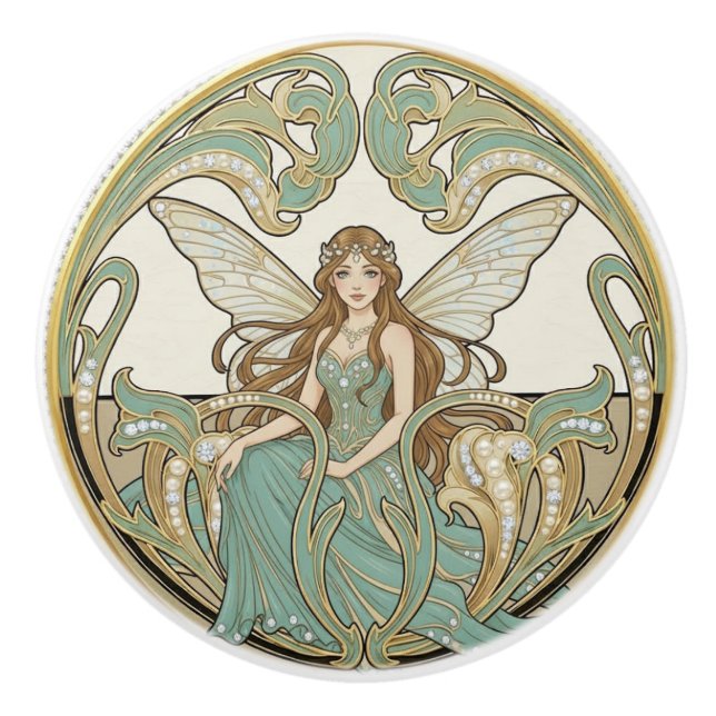 Fairy Sage Green & Gold Art Deco Nouveau Ceramic Knob (Front)