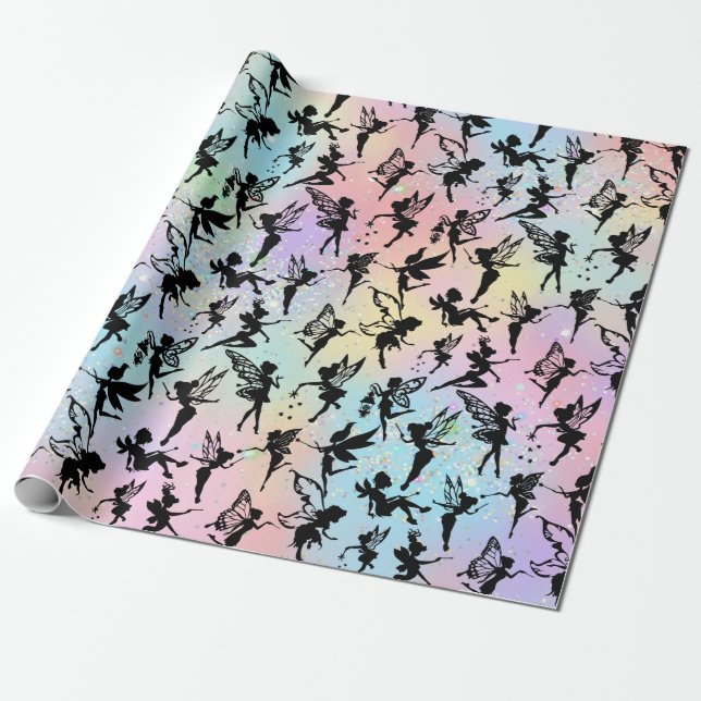 Fairy Silhouette Patterns Sparkly Rainbow Wrapping Paper (Unrolled)
