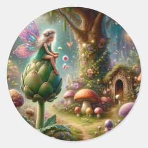 Fairy sitting on an Artichoke Magical Illutration Classic Round Sticker