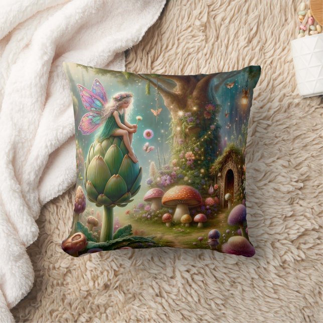 Fairy sitting on an Artichoke Magical Illutration Throw Pillow (Blanket)