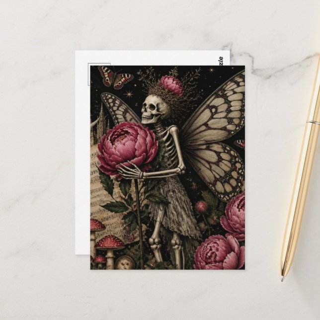 Fairy Skeleton and Peony Flowers Postcard (Front/Back In Situ)