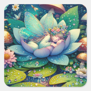 Fairy Sleeping on a Flower Blank Square Sticker