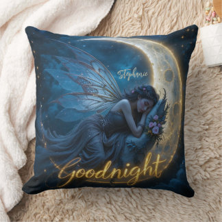 Fairy Sleeping on Crescent Moon Goodnight Throw Pillow