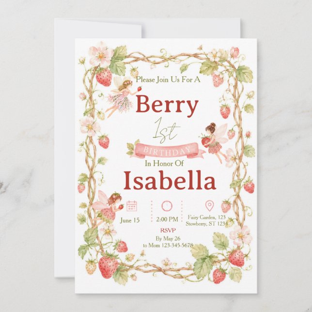 Fairy Strawberry Birthday Invitation (Front)