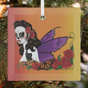 Fairy Sugar Skull Purple Wings Roses Sunset Glass Ornament