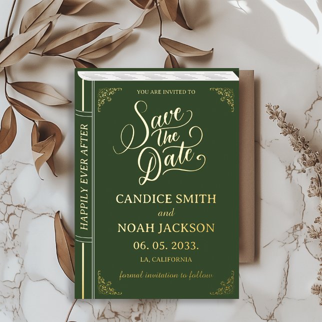 Fairy Tale Book Cover Green Wedding Save the Date (Save the Date Unique Book Cover Fairy Tale Whimsical Castle Wedding Emerald Green and Gold Foil)