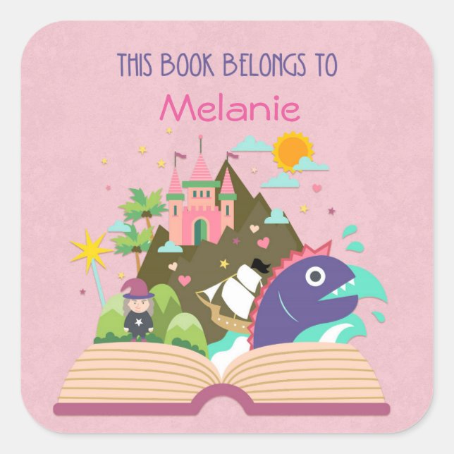 Fairy Tale Bookplate, Pink Square Sticker (Front)