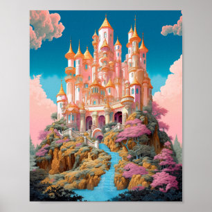 Fairy Tale Castle Pink White Gold Fantasy Art Poster