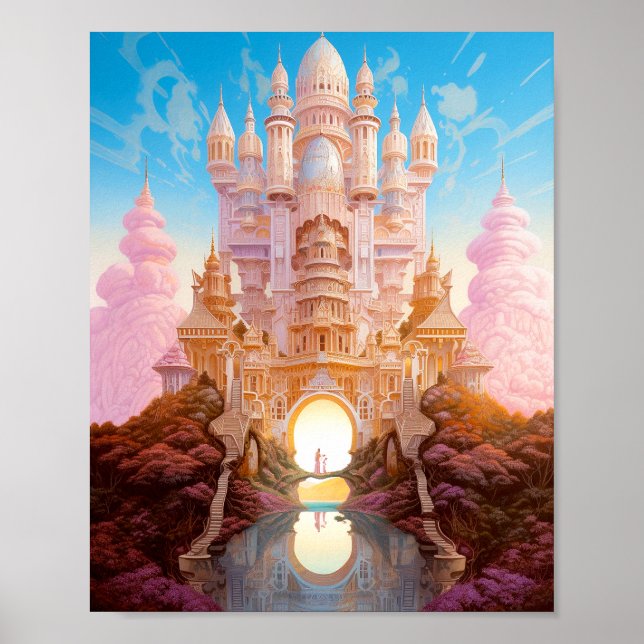 Fairy Tale Castle Pink White Gold Fantasy Art Poster (Front)
